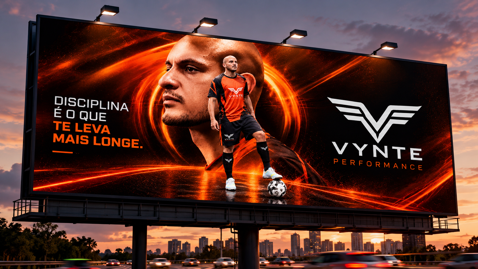 Outdoor público da VYNTE Performance com jogador, logo e a frase Disciplina é o que te leva mais longe
